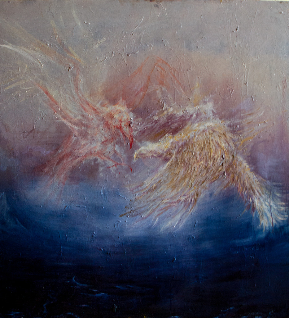 Demonic Trinity, 2012, oil on canvas, 47.2 x 43.3 in, by Daniel Perez Coronel