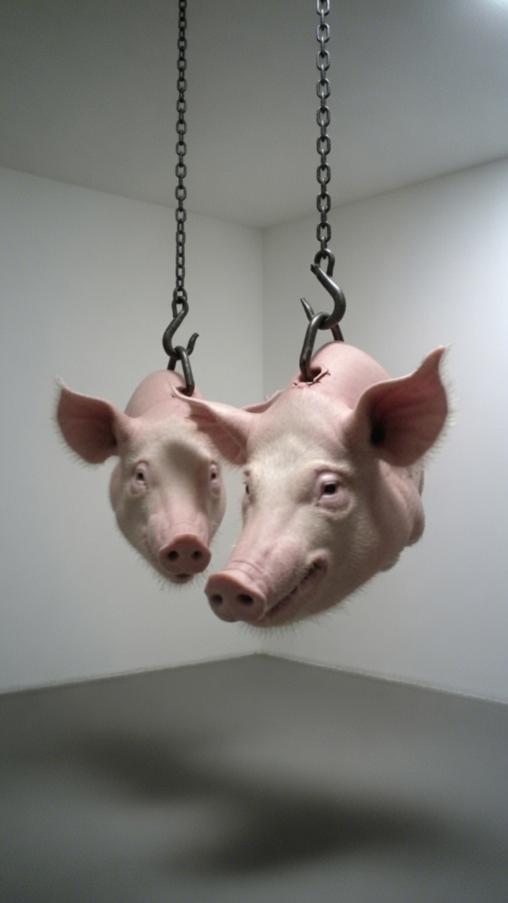 Desplazamiento de cabezas de cerdo, 2006, installation, real pig heads, chains and hooks, 15.7 x 19.7 x 21.7 in, by Daniel Perez Coronel