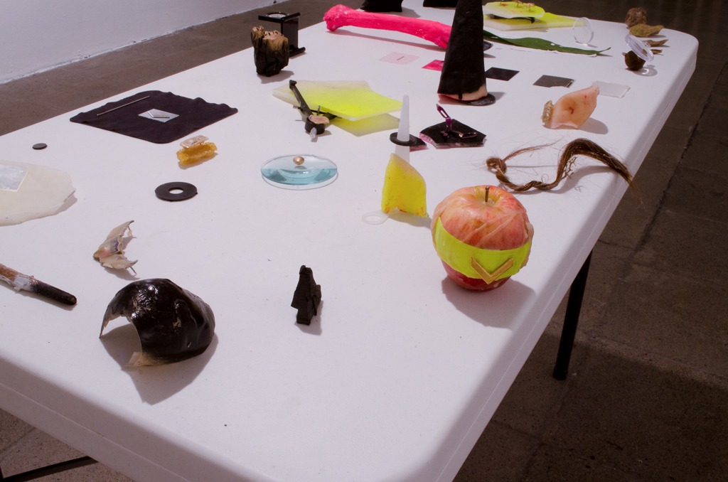 Mobil Ave 4, 2016, ephemeral installation, objects in decomposition on a table, by Daniel Perez Coronel
