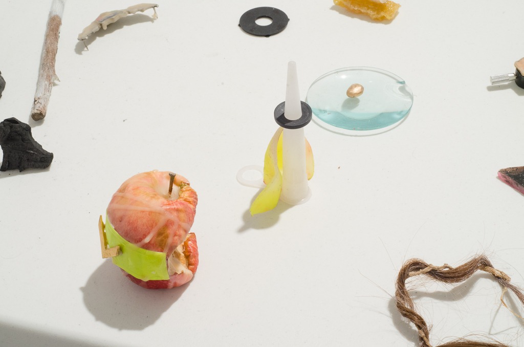 Mobil Ave 4, 2016, ephemeral installation, objects in decomposition on a table, by Daniel Perez Coronel