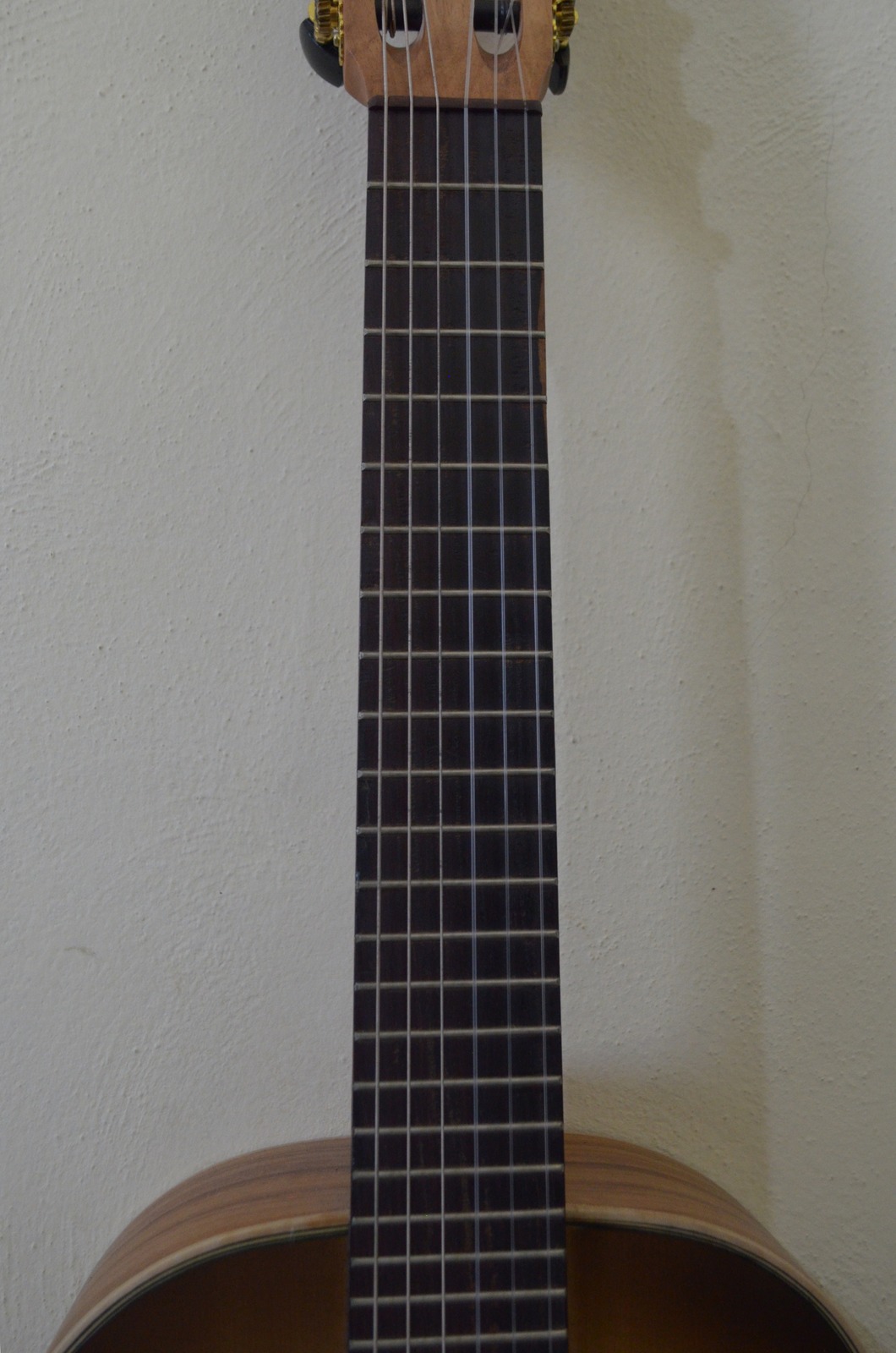 Temperamento 19, 2025, vista del diapasón, instrumento musical microtonal, por Daniel Perez Coronel