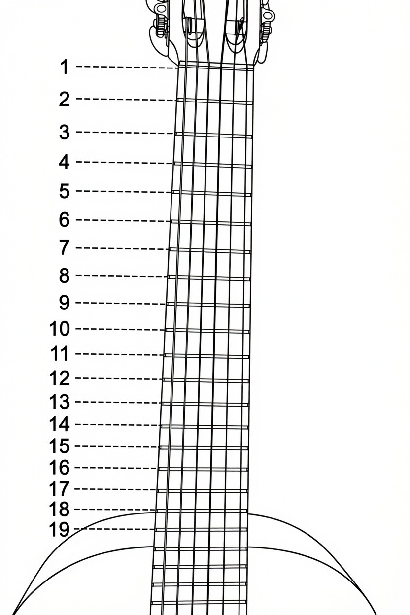 Temperamento 19, 2025, diagrama de 19 trastes por octava, instrumento musical microtonal, por Daniel Perez Coronel